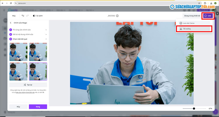 Chọn Tải xuống để lưu ảnh vừa xóa vật thể