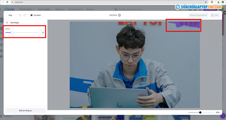 Thay đổi cỡ cọ và tô màu vật thể cần xóa