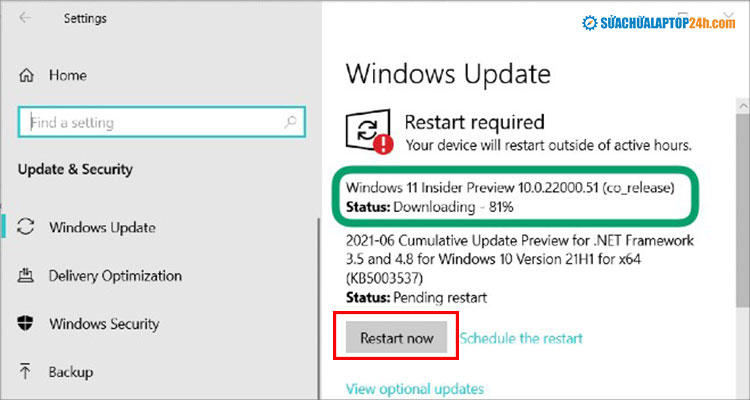 Đợi tải xong rồi nhấn Restart Now để hoàn tất kích hoạt Windows Insider Program