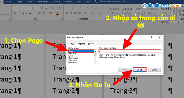 Nhập số trang vào phần Enter page number