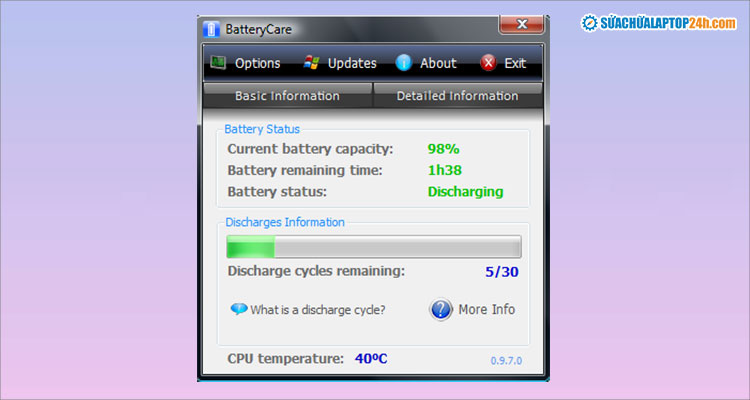 Xem tình trạng pin laptop tại mục Wear Level của Batterycare