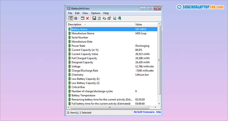 Giao diện Cửa sổ hiển thị thông tin pin trên phần mềm BatteryInfoView