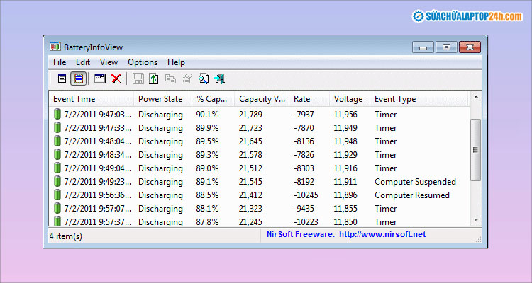 Nhấn F8 để xem nhật ký pin laptop