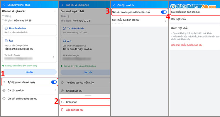 Thiết lập các cài đặt sao lưu tin nhắn Zalo trên điện thoại như hình