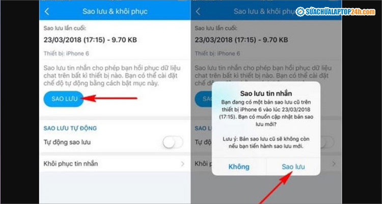 Chọn Sao lưu khi thấy thông báo như hình