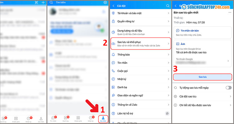 Chọn thứ tự như hình để tiến hành sao lưu dữ liệu tin nhắn Zalo