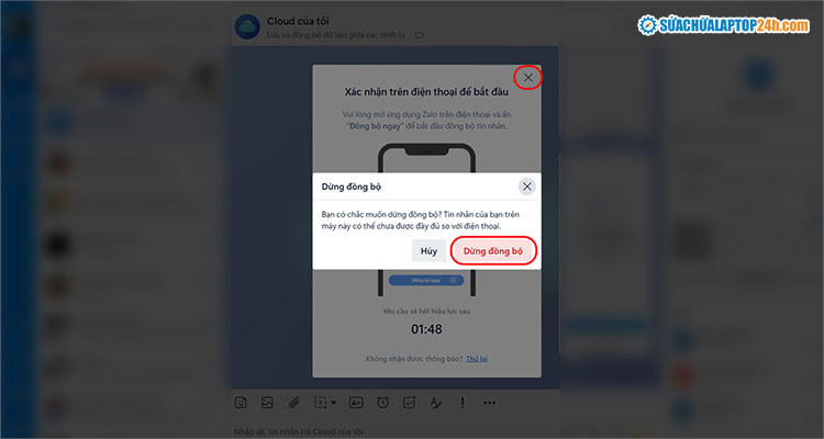 Chọn Dừng đồng bộ để tắt đồng bộ tin nhắn Zalo