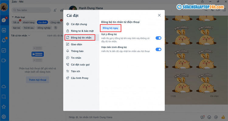 Chọn như hình để thực hiện đồng bộ tin nhắn Zalo