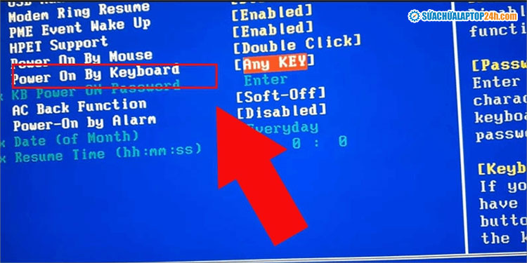 Chọn Power on by keyboard để cài đặt bật nguồn laptop bằng bàn phím