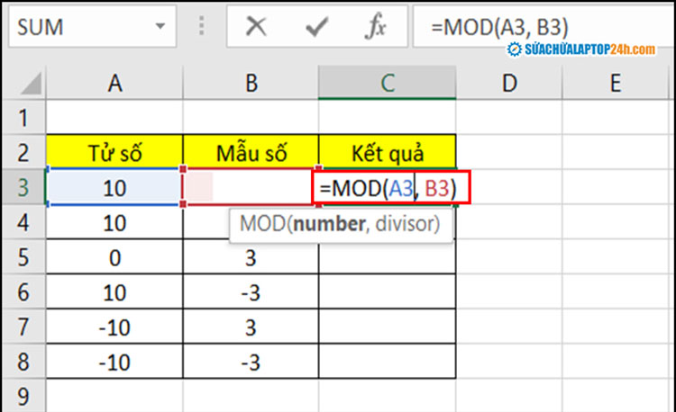 Nhập hàm MOD để tính kết quả