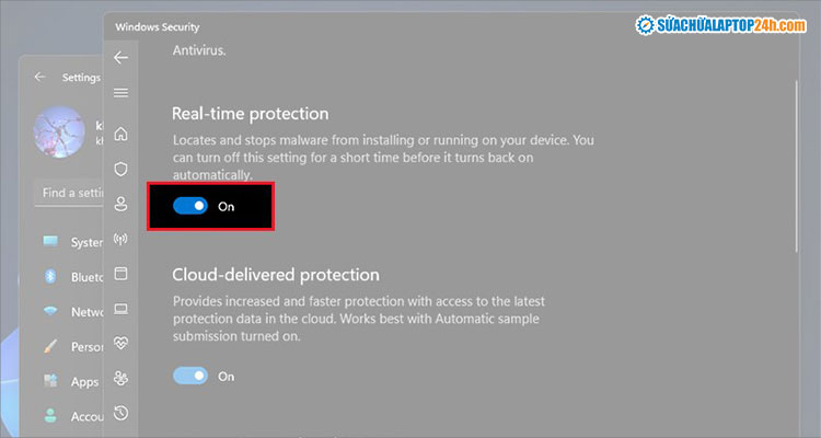 Gạt từ On sang Off để tắt phần mềm diệt virus Win 11