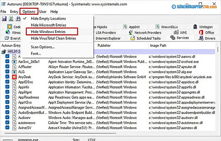 Bỏ tích mục Hide Windows Entries