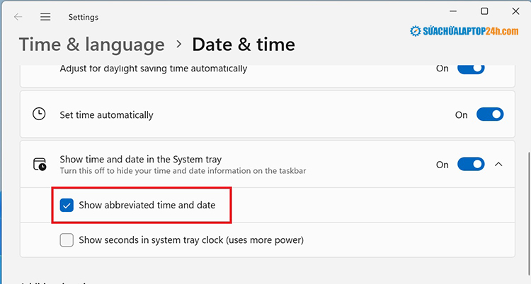   Nhấn bật tùy chọn “Show abbreviated time and date”