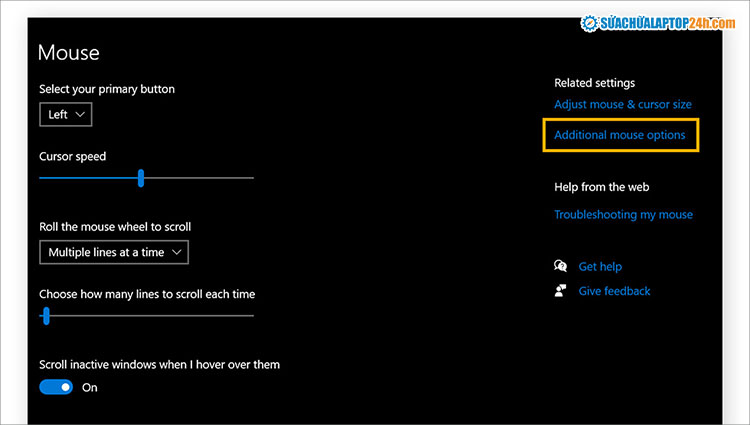 Chọn vào Additional mouse options