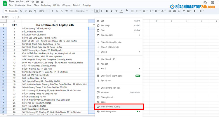 Chọn Trình đơn thả xuống