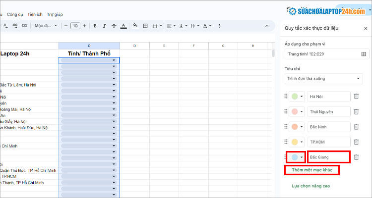 Thiết lập quy tắc tạo drop list trong Google Sheet như hình