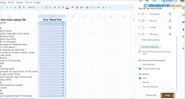 Các tùy chọn nâng cao khi tạo lựa chọn