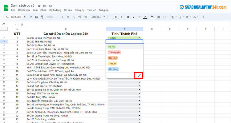 Kết quả khi tạo lựa chọn trong Google Sheet