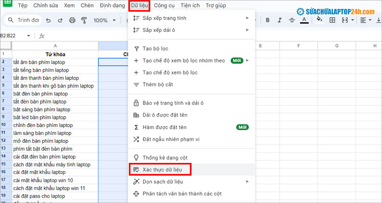 Chọn Xác thực dữ liệu
