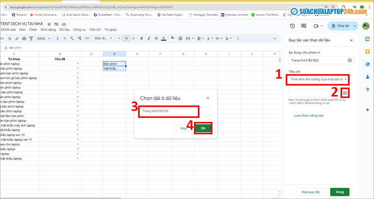 Thực hiện thứ tự các bước để tạo lựa chọn trong Google Sheet từ dữ liệu có sẵn