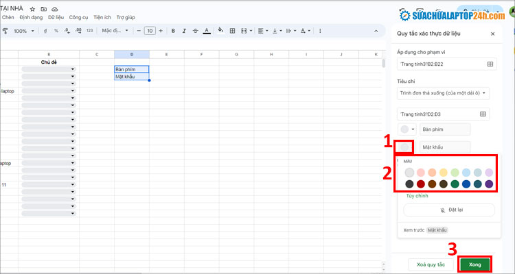 Chỉnh sửa màu sắc các lựa chọn theo thứ tự như hình