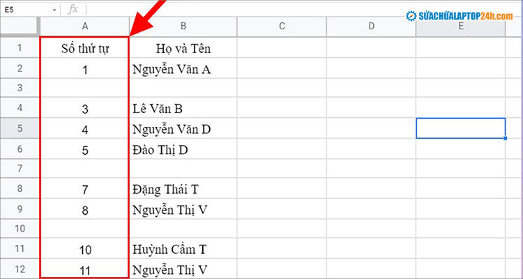 Chỉ các hàng có dữ liệu được đánh số thứ tự