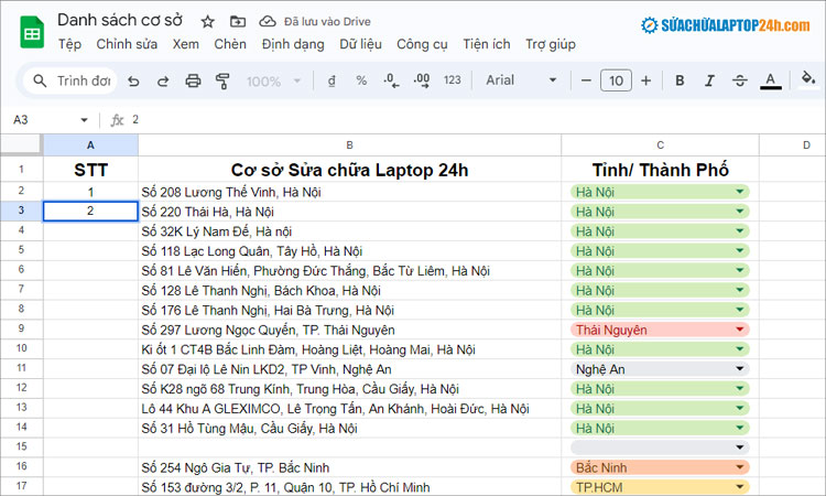 Đánh số thứ tự cho 2 dòng đầu tiên như hình