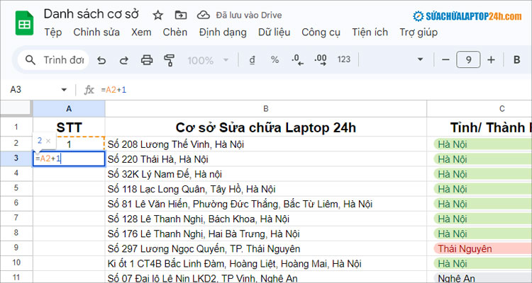 Nhập công thức như hình