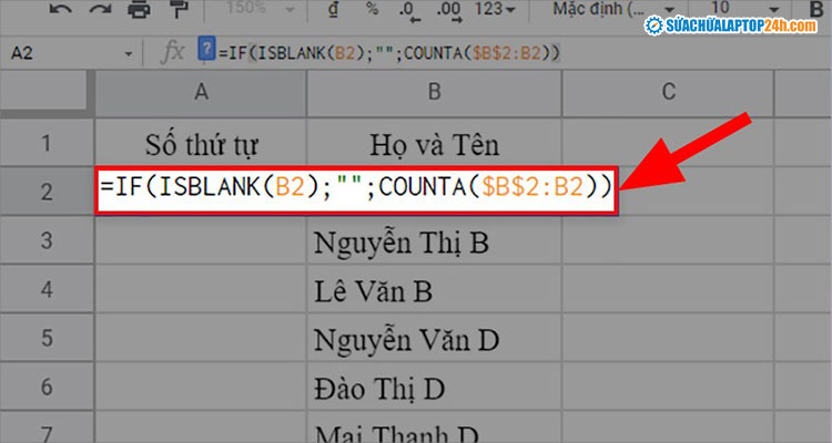 Nhập công thức hàm như hình vào ô đầu tiên