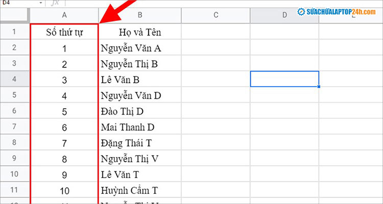 Sao chép công thức hàm ROW xuống các ô cần đánh số thứ tự trong Google Trang tính