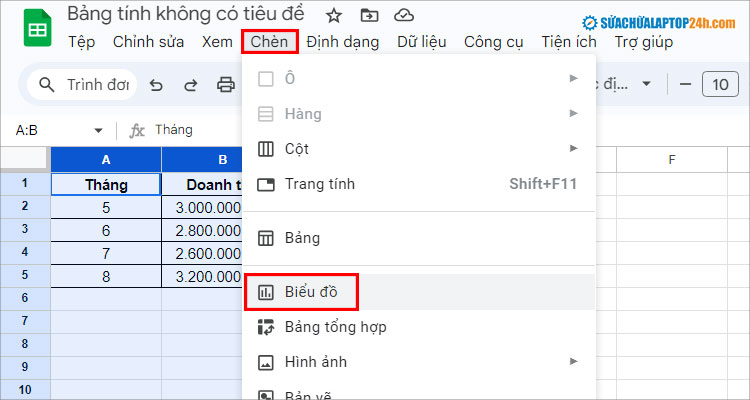 Chọn Biểu đồ như hình