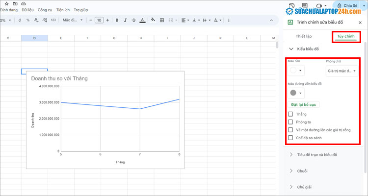 Tùy chỉnh kiểu biểu đồ tại các mục như hình