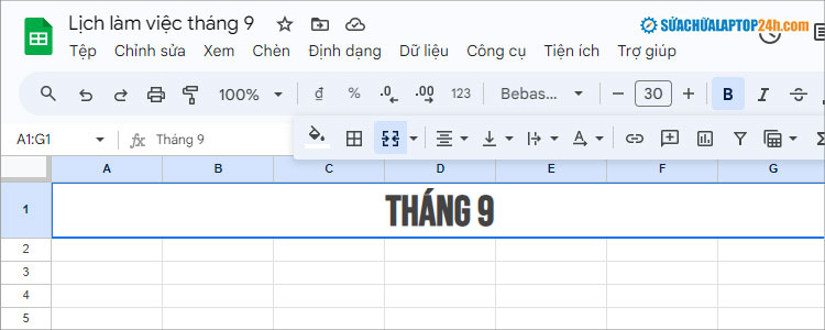Hợp nhất ô A1 tới G1 và nhập Tháng