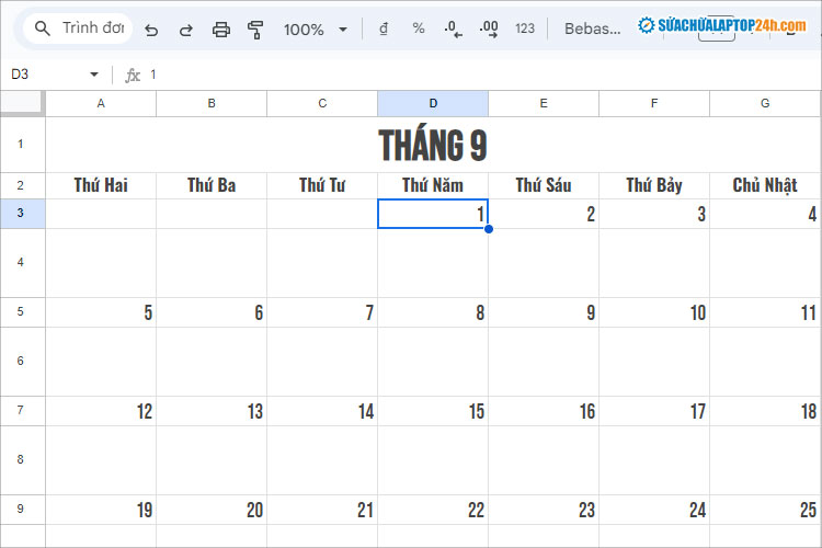 Nhập số ngày trong tháng vào Lịch