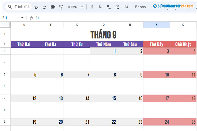 Tô màu các ô, thay đổi màu, phông chữ trong Lịch