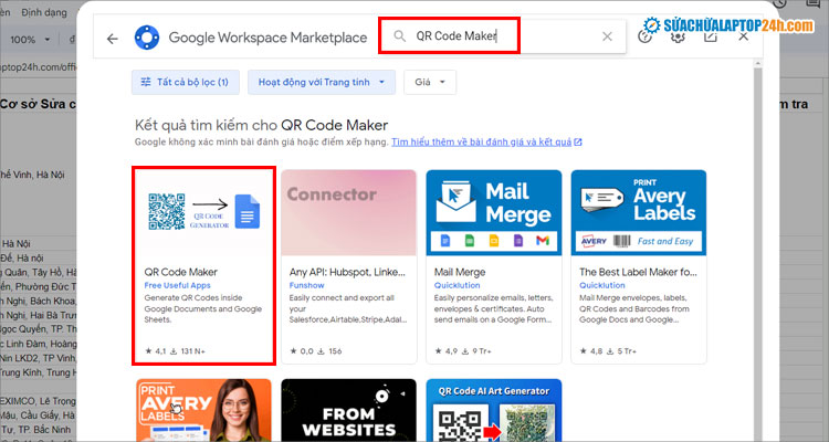 Nhập tìm kiếm và chọn tiện ích như hình