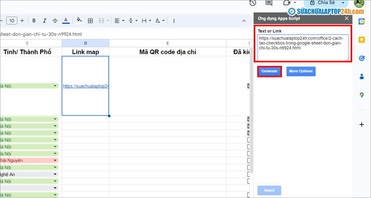 Chèn link cần tạo QR code trên Google Sheet như hình