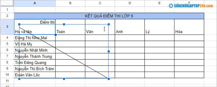Chỉnh kích thước và di chuyển đường chéo vào ô