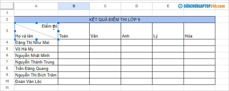 Kết quả gạch chéo ô trong Google Sheet