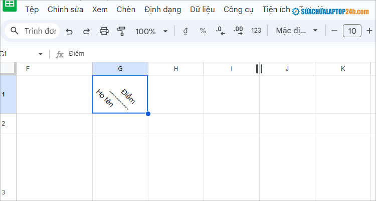 Kết quả tạo đường chéo giả trong Google Sheet bằng tính năng Xoay văn bản