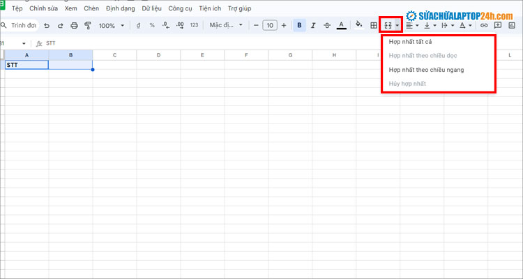 Nhấn chọn mũi tên bên cạnh biểu tượng hợp nhất ô như hình