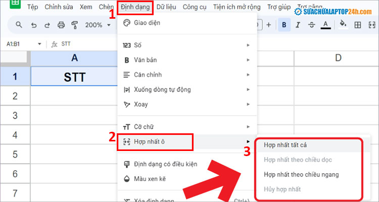 Cách Merge cell trong Google Sheet bằng công cụ Định dạng