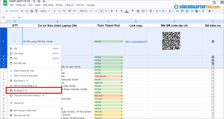 Nhấn chuột phải rồi chọn Ẩn hàng 2 - 6 đã chọn như hình