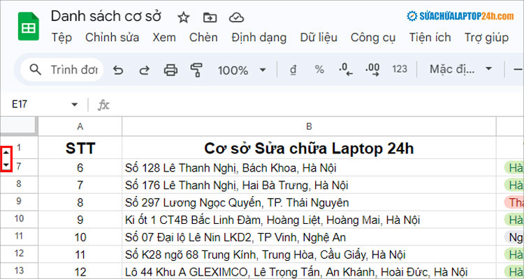 Nhấn vào mũi tên như hình để bỏ ẩn hàng