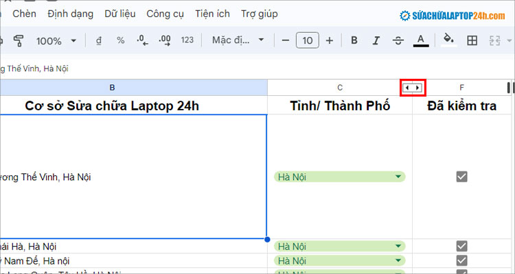 Nhấn vào mũi tên như hình để hiển thị cột bị ẩn trong Google Trang tính