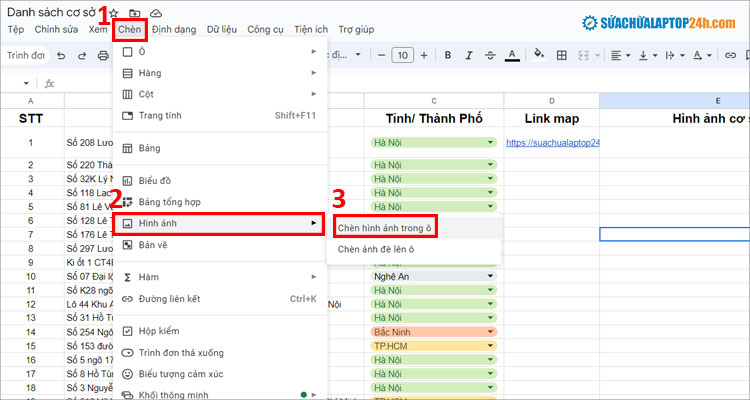 Chọn tính năng Chèn hình ảnh trong ô trên Google Sheet