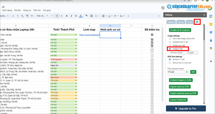 Chọn Image in cell