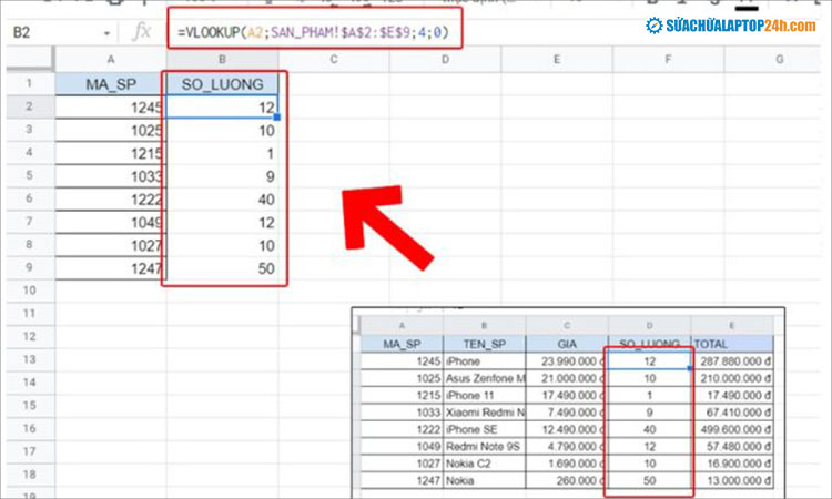 Nhập hàm VLOOKUP để lấy dữ liệu từ sheet khác