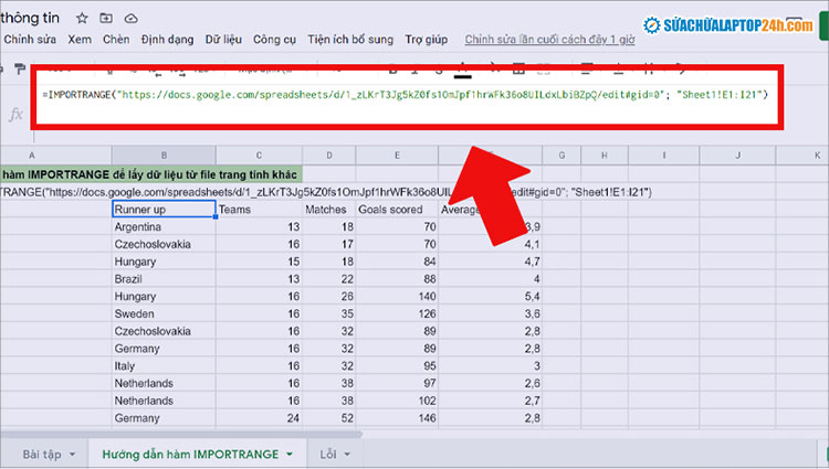 Nhập hàm như hình để lấy dữ liệu từ sheet khác trong Google Sheet