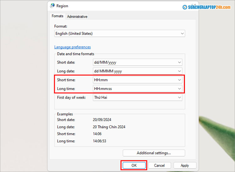 Thiết lập cài đặt giờ 24 tiếng cho máy tính Win 11 như hình